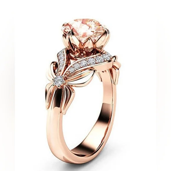 Stunning 18K Rose Gold Plated Bow Engagement Ring Cubic Zirconia Flower Size 8 - Picture 3 of 4